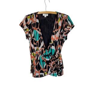 Tahari Coral & Mint Green Faux Wrap Colorblock Blouse Office Blouse - Size L NWT